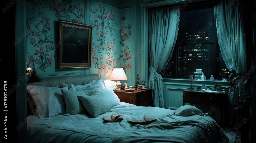 Poster cozy bedroom interior with floral wallpaper a bed with white bedding and a cityscape view through th