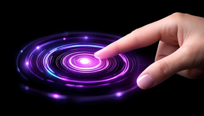 Fototapeta premium A fingertip touches a glowing purple holographic interface. generative ai