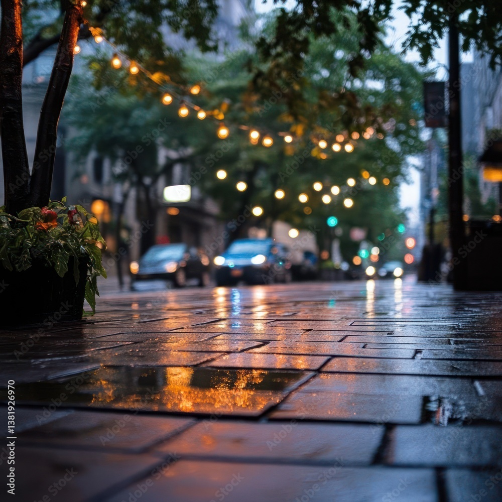 Aufkleber Wet cobblestone street reflecting warm light from string lights and passing cars under a moody overcast sky with blurred background creating a city atmosphere