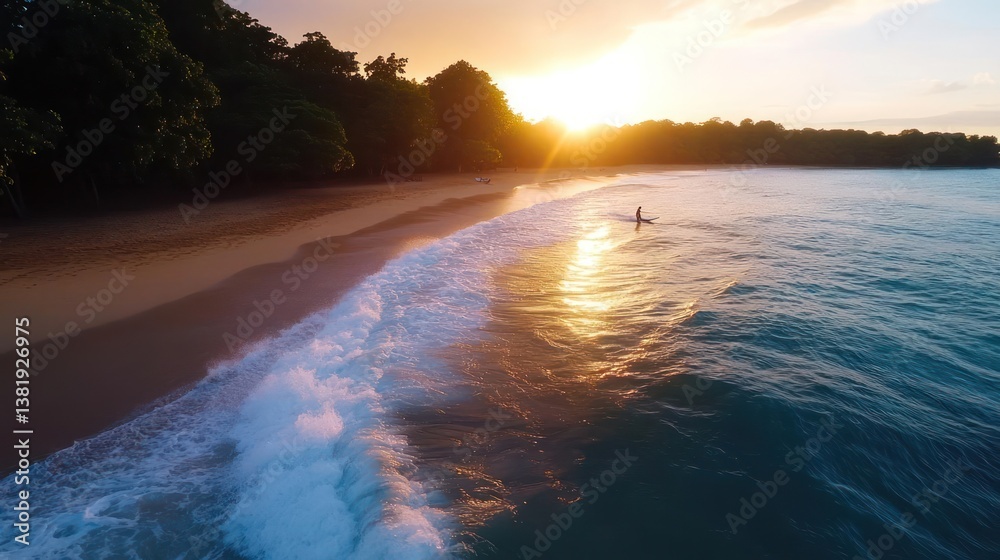 Poster aerial view of a tranquil beach at sunset. golden light reflects on the ocean waves and illuminates 