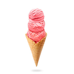 Yummy ice cream served in waffle cone in air on white background