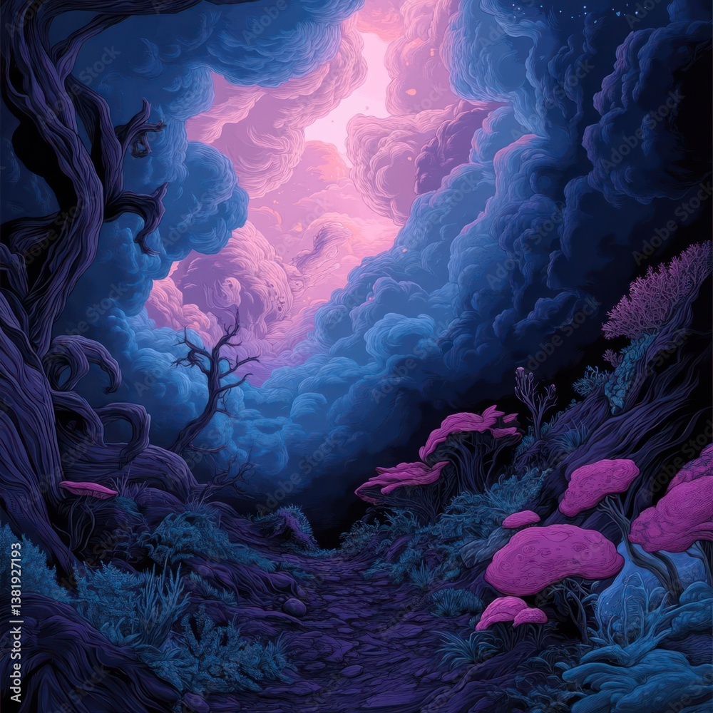 Poster Pixelated fantasy landscape with path leading towards vibrant pink and blue clouds through dark forest with surreal trees and vegetation