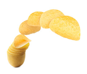 Raw potato slices transforming into crispy chips in air on white background