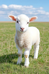 Obraz premium Adorable fluffy white lamb standing in a lush green pasture under a bright blue sky. generative ai