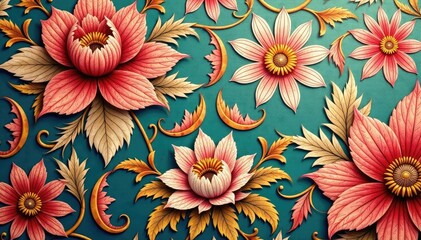 Intricate floral damask textile, faded elegance, decoration, vintage pattern, tapestry