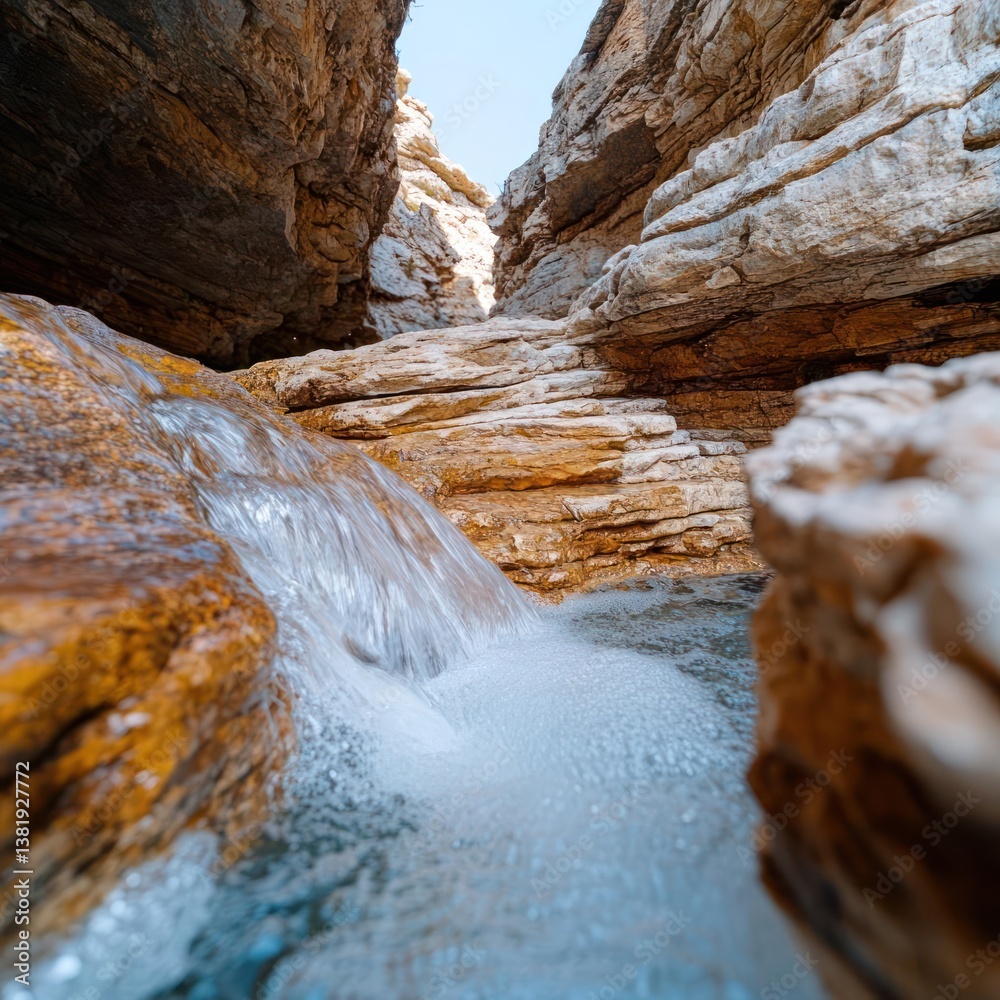 Aufkleber close up of a stream cascading through a narrow canyon with textured rock formations in warm tones u