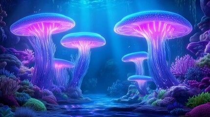 A cyberpunk-inspired underwater city built within giant coral formations, glowing neon pink and blue