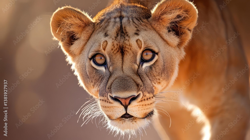 Poster close-up portrait of a lioness with intense gaze illuminated by soft sunlight against a blurred natu