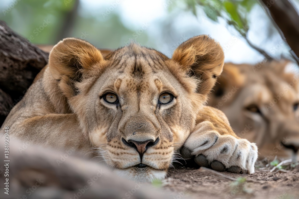 Aufkleber Close up of a lioness looking at the camera with a second lioness blurred in the background resting under the shade of a tree with neutral tone colors