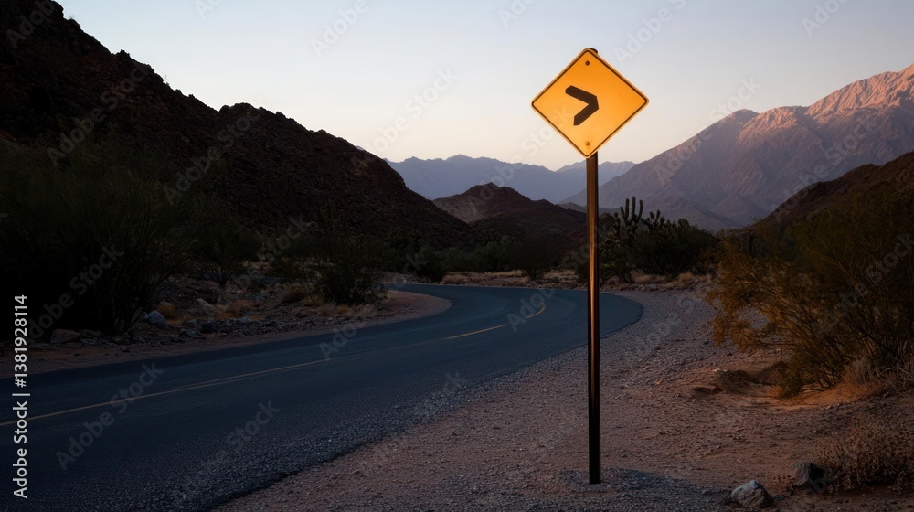 Aufkleber Serpentine desert road curves through arid mountains illuminated by the setting sun with a directional sign guiding the way under a clear sky in daytime