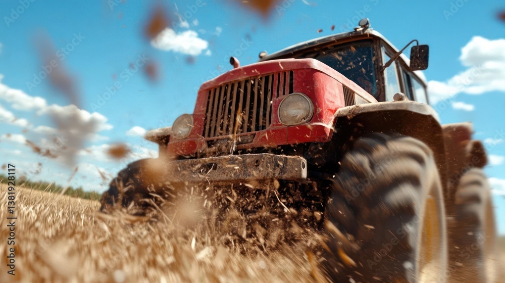 Poster red tractor plowing through a field of wheat under a bright blue sky with scattered clouds, dust and