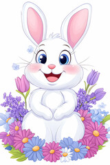 Obraz premium Cheerful white bunny surrounded by spring flowers. generative ai