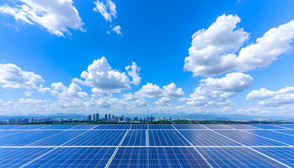 City skyline viewed from a vast solar panel array under a bright, sunny sky with fluffy clouds. generative ai