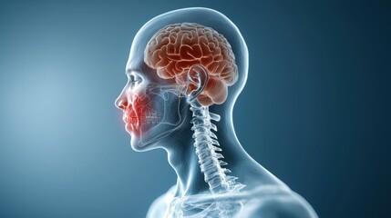 Fototapeta premium Detailed X Ray Scan of the Human Brain Glowing Inside the Skull for Medical Research Neuroscience Education and Neurological Examination Concept of Anatomy Intelligence and Cognitive Functions