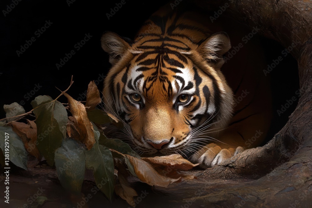 Poster close-up portrait of a tiger emerging from a dark den with intense gaze showcasing its stripes and t