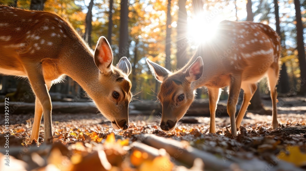 Poster Two spotted deer facing each other with sunlight filtering through the trees surrounded by autumn leaves in the forest