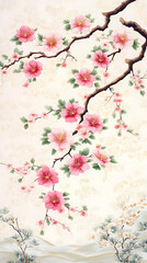 Fototapeta premium Delicate pink blossoms on graceful branches against a soft, pale background, suggesting a tranquil Asian-inspired landscape. generative ai
