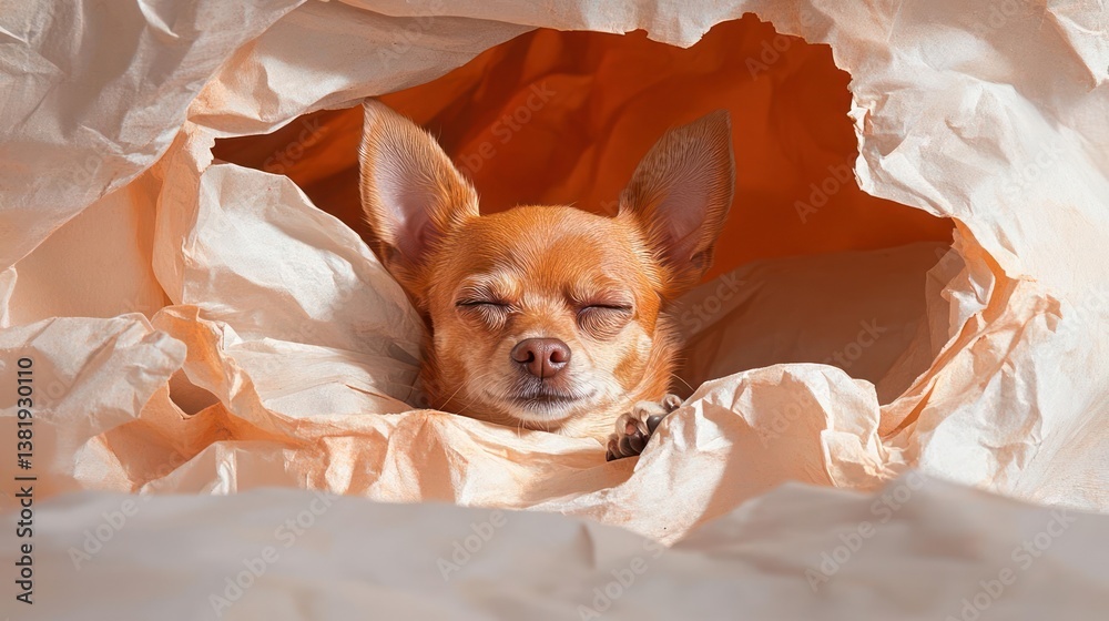 Poster generic dog resting inside crumpled paper with closed eyes in soft lighting and warm tones