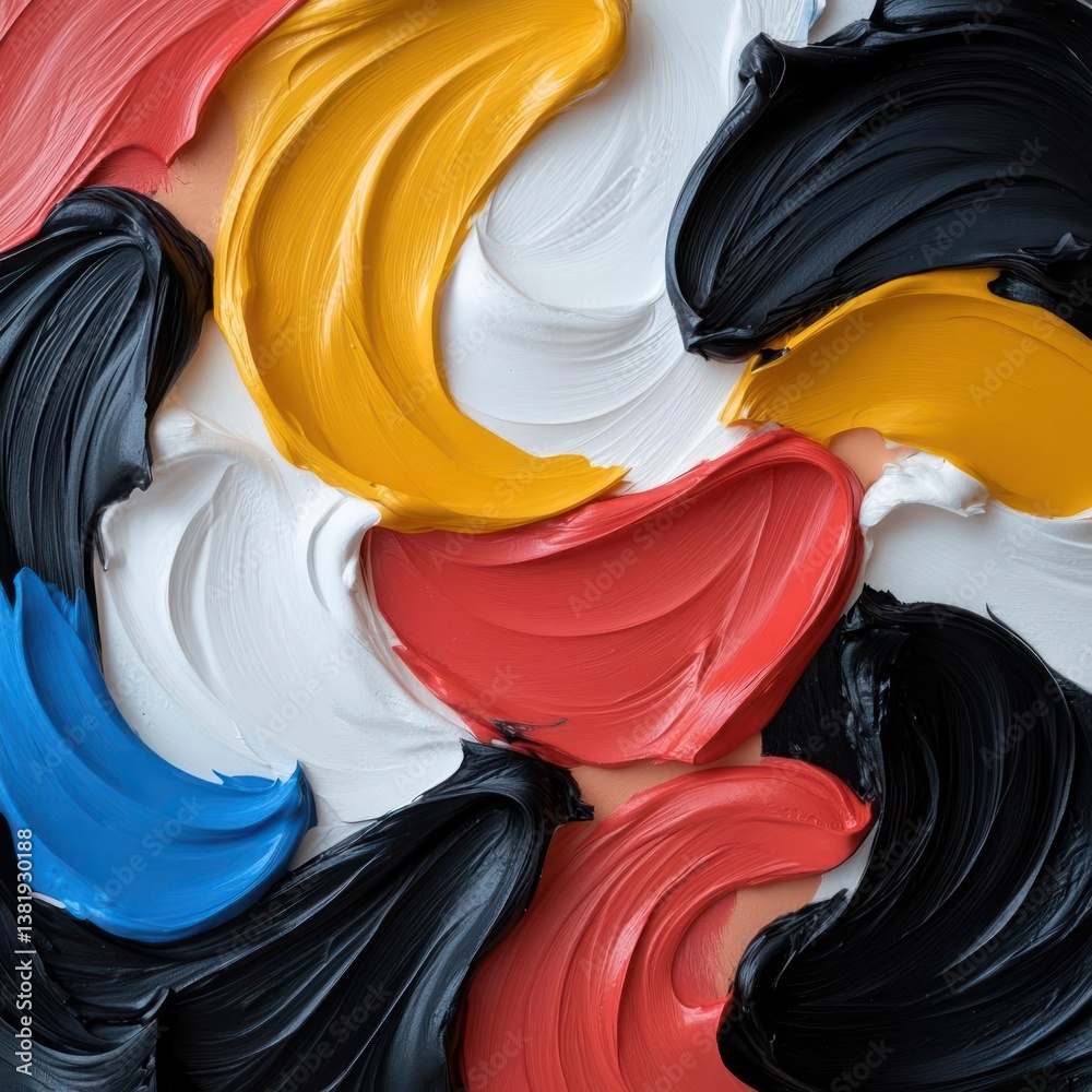 Poster Abstract composition of colorful brushstrokes in red yellow black and white with textured paint applied creating a dynamic pattern