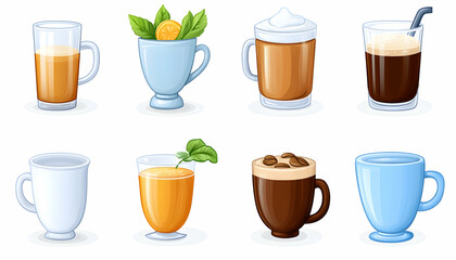 Eight diverse mugs showcasing various hot and cold beverages, including coffee, tea, and juice. generative ai