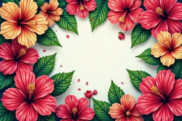 Intricate hibiscus blossoms, vibrant hues, repeating design, pattern, vintage, blossom