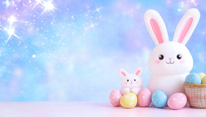 Festive Easter bunnies with pastel eggs and sparkling background. generative ai