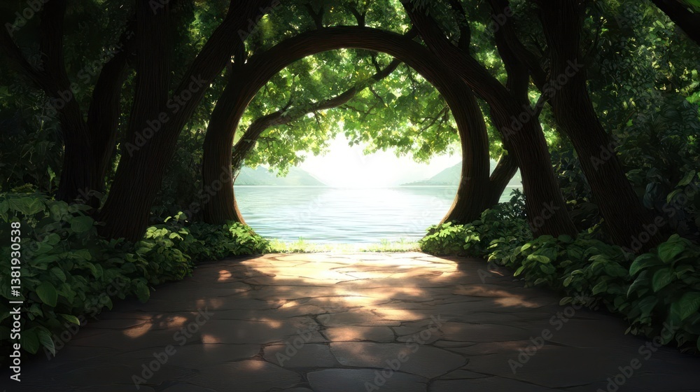Fototapete lush archway of trees frames a bright lake view sunlight streams through opening creating shadows on