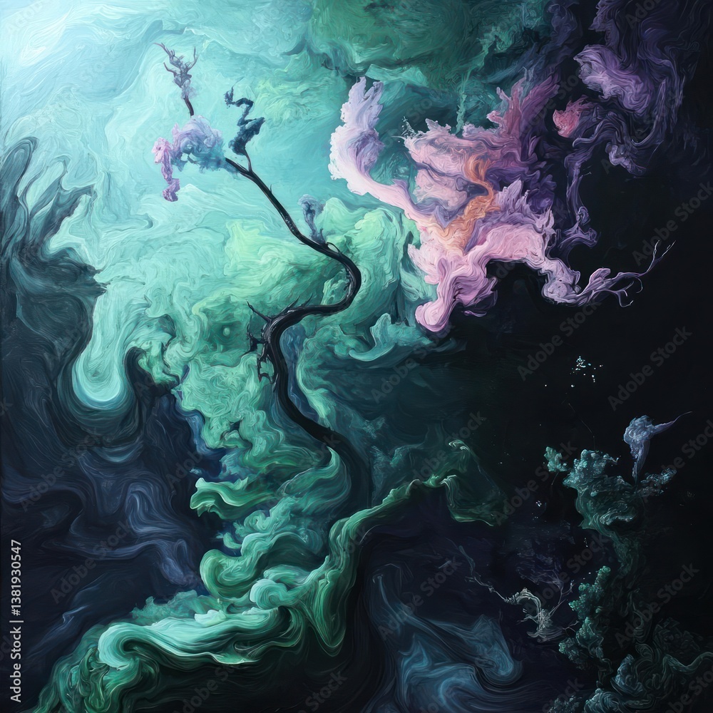 Poster Abstract artwork with swirling paint creating a mystical atmosphere. Featuring gradients of blue green and purple with a central tree-like form and a dark background