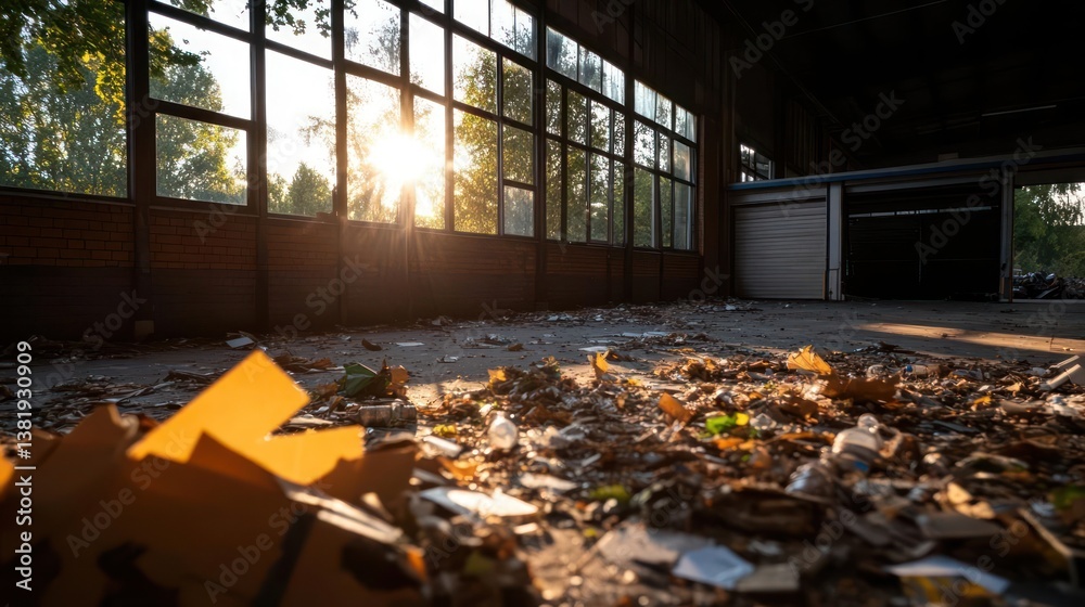 Poster bright sunlight streams through large industrial windows illuminating debris inside a decaying struc