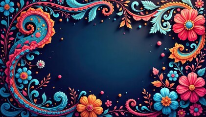 Intricate paisley floral swirls in vibrant hues, black, decoration, teal