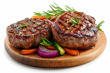 Grilled beef steaks with roasted vegetables on wooden board. generative ai