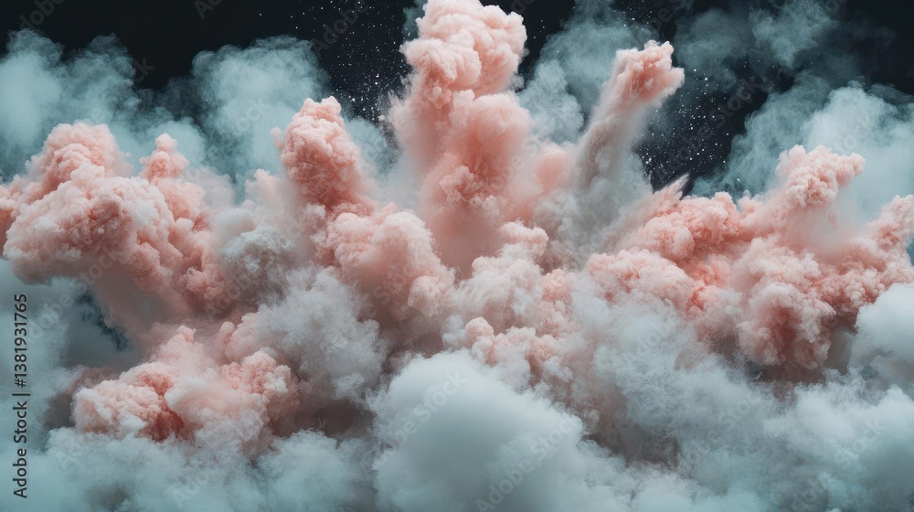 Poster Exploding cloud of pink and white dust with dark background and particle effects. Dramatic effect and dynamic composition