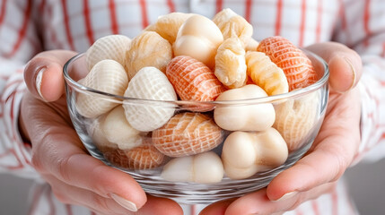 Hands holding a glass bowl of various small, colorful, textured objects. generative ai