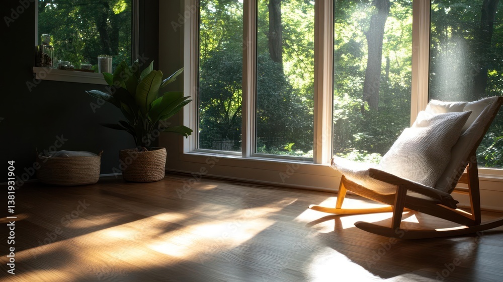 Poster Interior scene with sunlight streaming through large windows illuminating a rocking chair houseplant and baskets creating a tranquil atmosphere