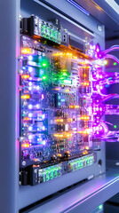 Fototapeta premium Illuminated circuit board with fiber optic cables. generative ai