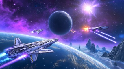 Obraz premium A digital illustration of a space battle with laser blasts and futuristic spaceships near a black hole