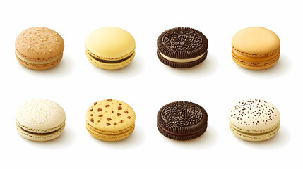 Assorted macarons and cookies on white. Food photography for menus