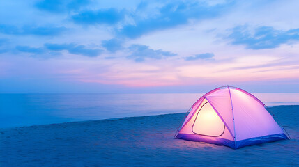 Illuminated tent on serene beach at twilight. generative ai