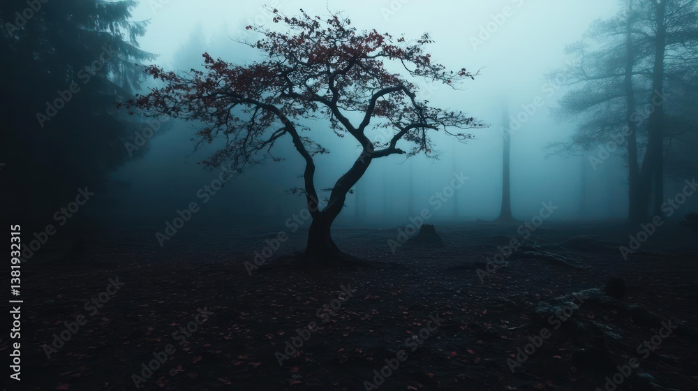 Aufkleber a solitary tree with reddish leaves stands in a foggy forest. the scene evokes a mysterious mood wit