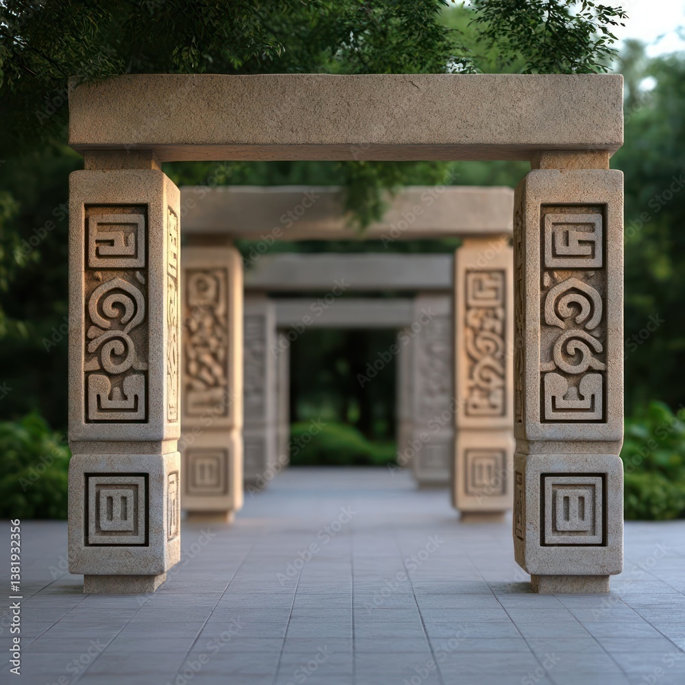 Aufkleber stone architectural structure with carved detailing framed by lush green foliage creating a serene o