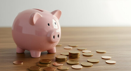 Saving Money Pink Piggy Bank with Coins on Wooden Surface