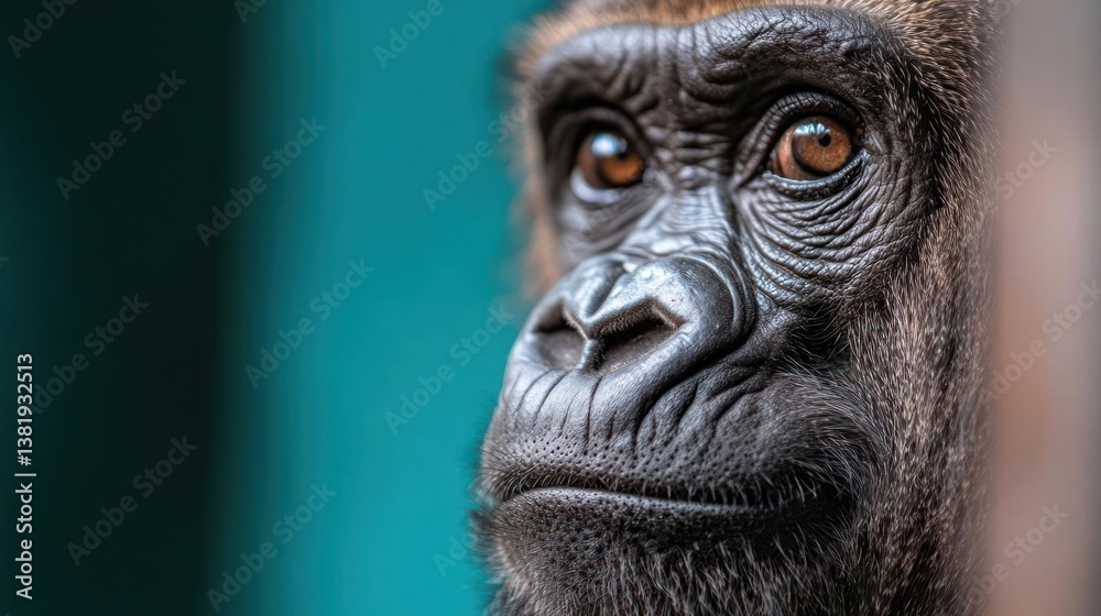 Poster close up portrait of a primate with intense gaze featuring detailed texture of its dark fur and obse