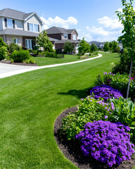Obraz premium Lush green lawn, vibrant purple flowers, and a curved walkway in a suburban neighborhood on a sunny day. generative ai