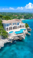 Luxurious beachfront villa with infinity pool overlooking turquoise ocean. generative ai
