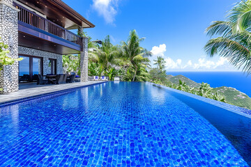 Obraz premium Luxurious hillside villa with infinity pool overlooking ocean. generative ai