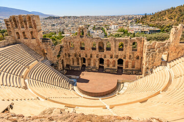 The amphitheater is empty and the seats are empty, the Acropolis of Athens