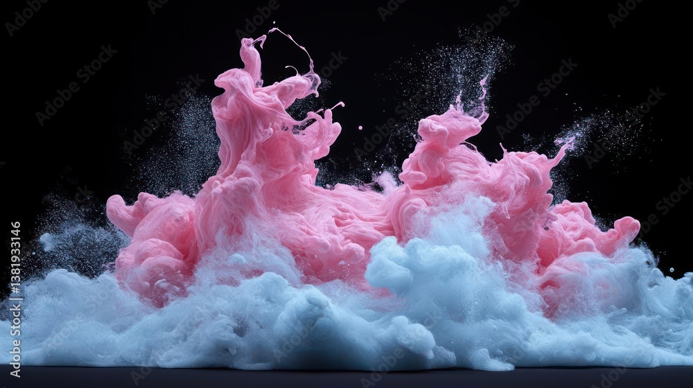 Aufkleber Abstract rendering of pink and blue pixelated formations with shimmering particles against a dark background suggesting a dynamic explosion