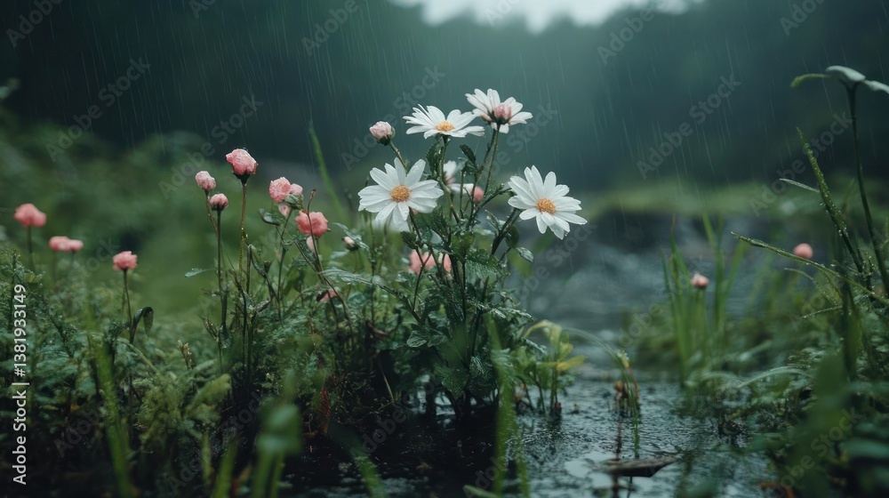 Poster white daisies and pink flowers in a field with green grass and plants. rain is falling creating a we