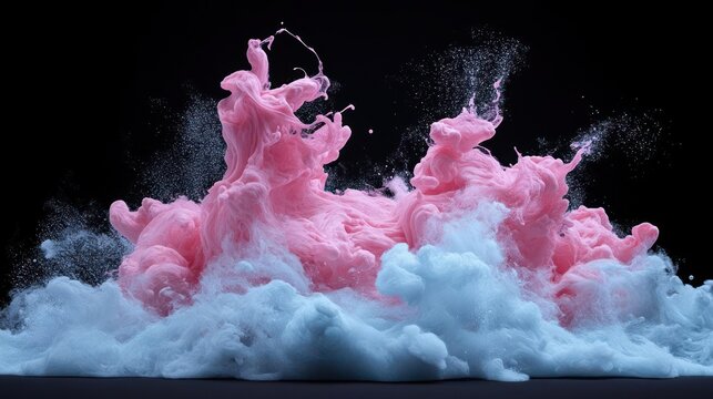 Abstract rendering of pink and blue pixelated formations with shimmering particles against a dark background suggesting a dynamic explosion
