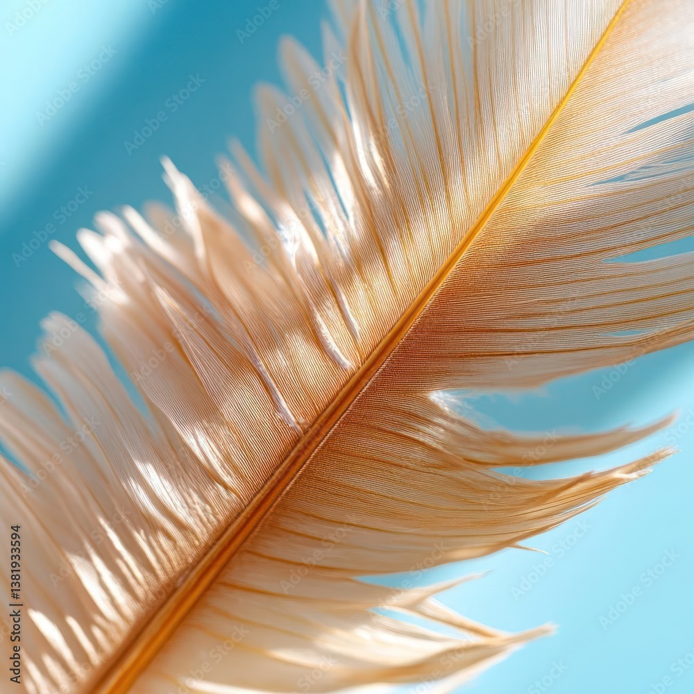 Aufkleber close up of a single beige and brown feather against a bright light blue background with a diagonal 